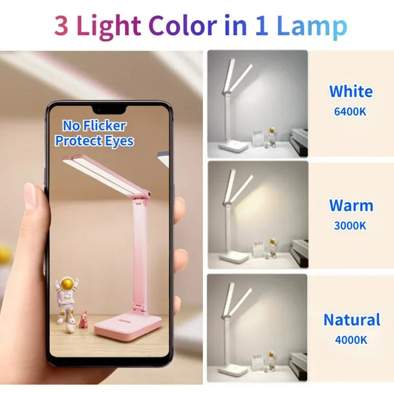 LED Desk Lamp – 3-Level Touch Dimmable, Foldable Eye-Caring Reading Light, USB Plug-In or Rechargeable Bedside Table Lamp