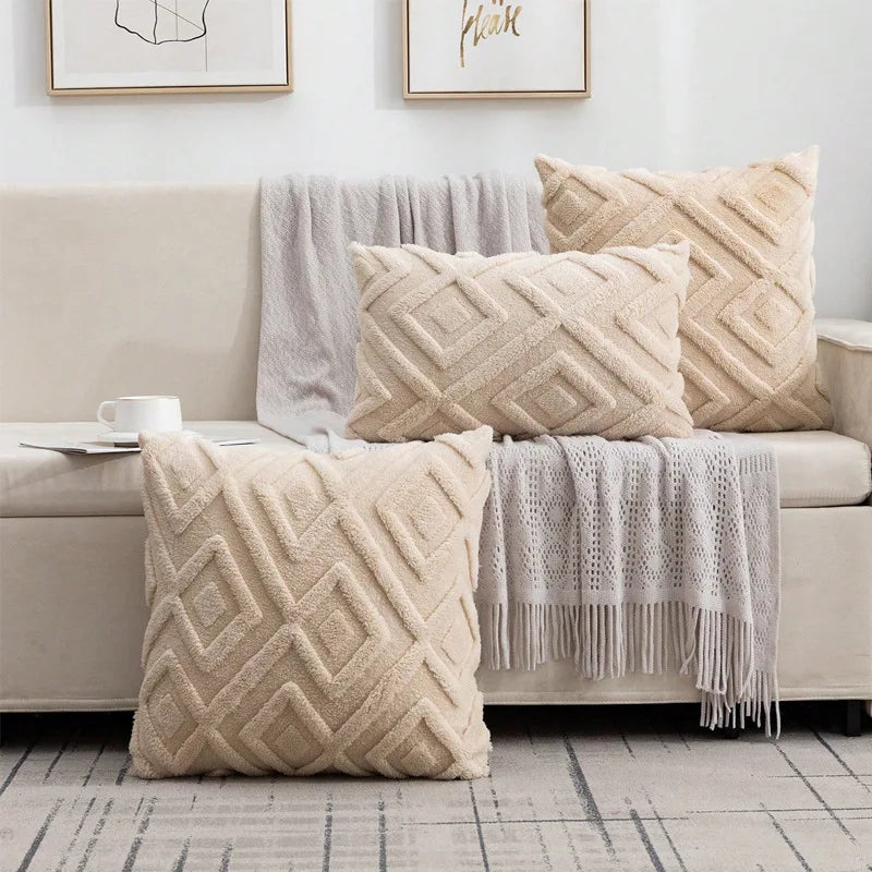*Beige, Taupe & Gray Diamond Faux Fur Polyester/Cotton Pillow with Insert – 15.75, 17.72 or 19.69 in Square / 11.81 × 19.69 in Lumbar (40–50 cm Square / 30 × 50 cm), 1 Piece