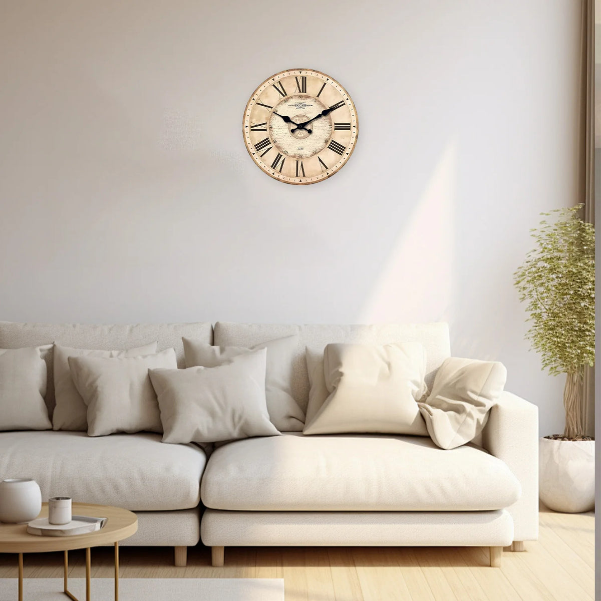 Distressed Beige Roman Numeral Wall Clock – Silent Quartz, Four Sizes