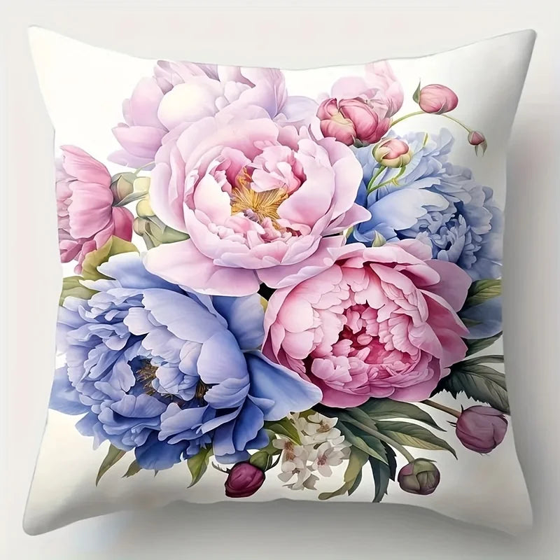 Pink and Blue Blooms Polyester Pillow Cover – Single-Sided Print, 15.75–23.62 in Square, 1 Piece