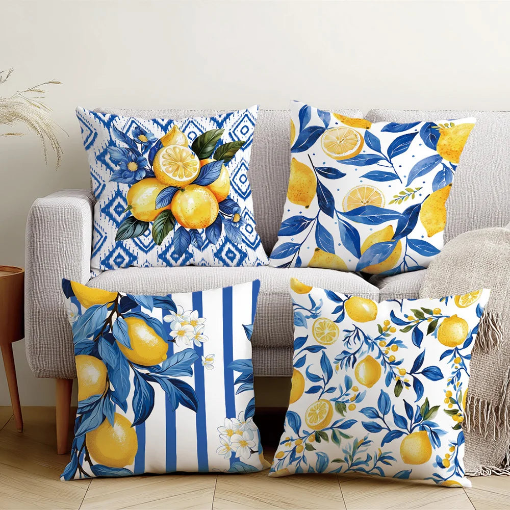 Coastal Lemon Polyester Pillow Covers, Set of 4 – 15.75, 17.72, 19.69 or 23.62 in Square (40, 45, 50 or 60 cm)