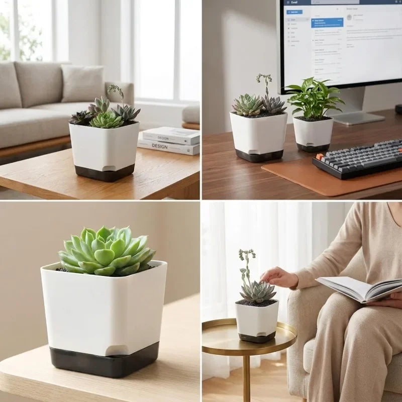 Square Self-Watering Plastic Plant Pot with Water Reservoir