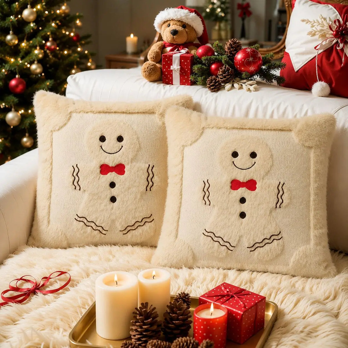 Gingerbread Christmas Pillow Covers – Plush Embroidered Set of 2, Four Designs