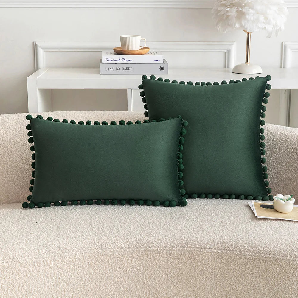 *Green & Turquoise Pompom Polyester Velvet Pillow Cover – 17.72 or 19.69 in Square / 11.81 × 19.69 in Lumbar (45 × 45, 50 × 50 or 30 × 50 cm), 1 Piece