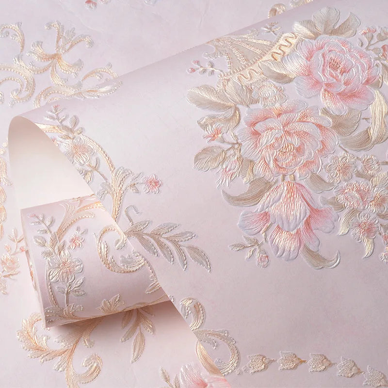 Floral 3D Embossed Waterproof Peel-and-Stick Non-Woven Wallpaper for Girls’ Bedrooms