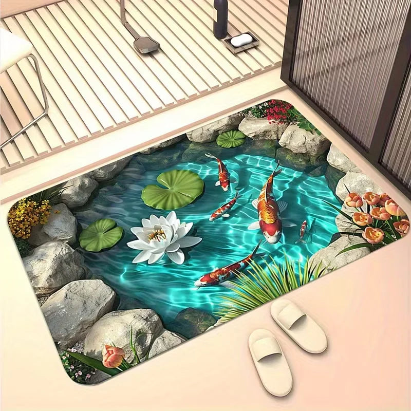 3D Koi & Lotus Non-Slip Flannel Doormat – Soft Absorbent Washable Floor Mat for Entrance & Bathroom