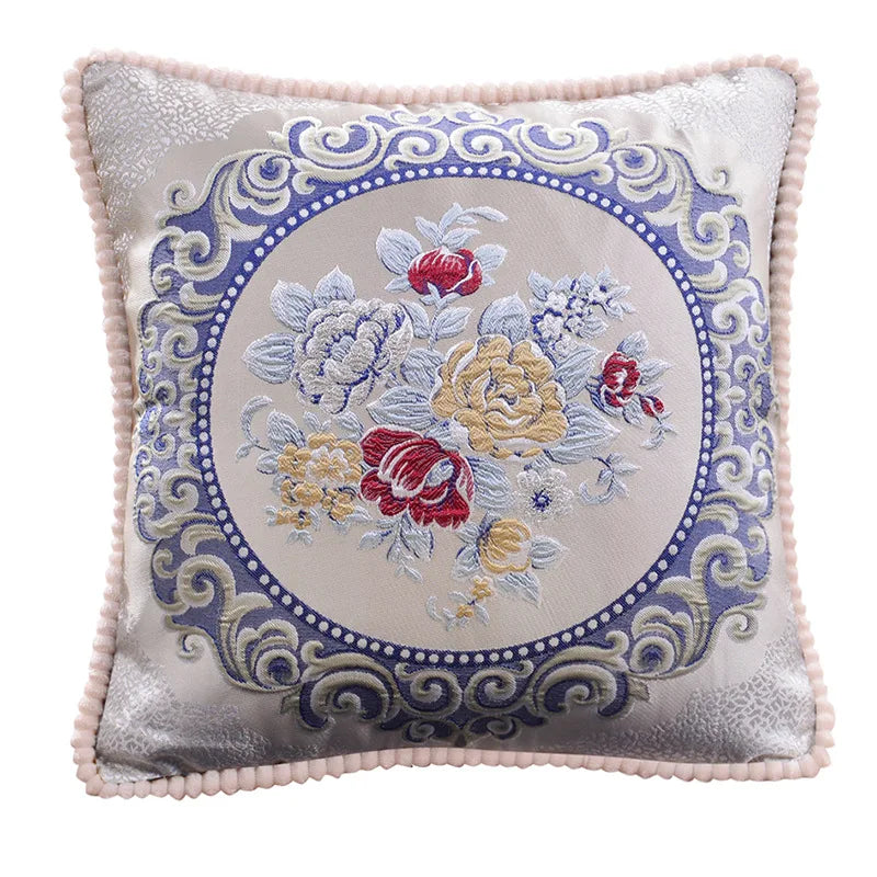 Floral Medallion Pillow Cover – Embroidered Bouquet, 18.90 in Square