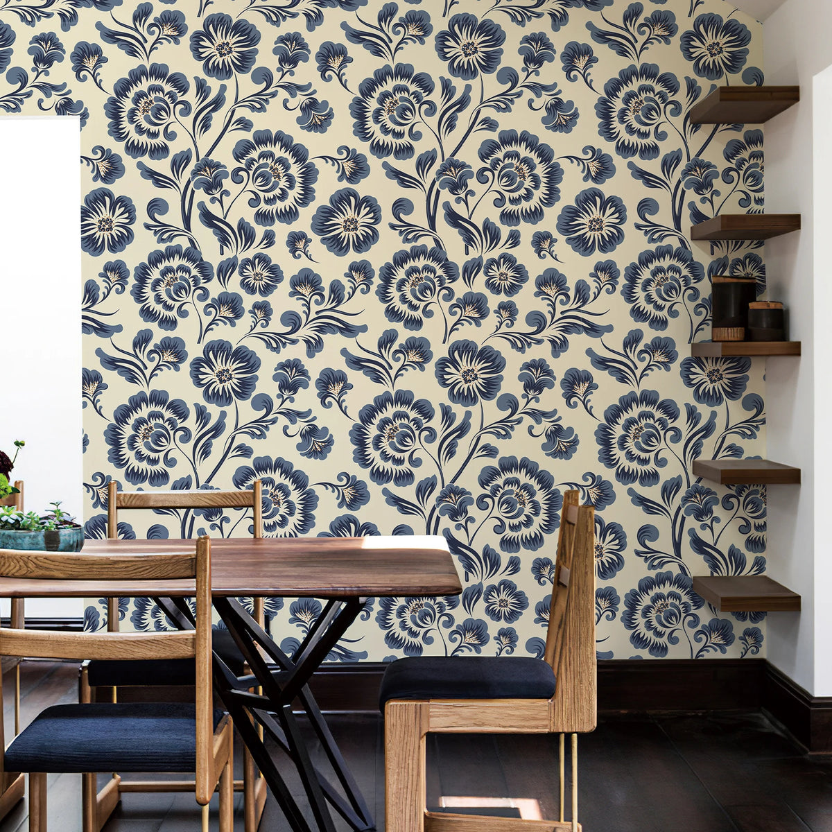 Blue Floral Waterproof & Oil-Resistant PVC Peel-and-Stick Wallpaper – Removable for Walls, Cabinets & Furniture