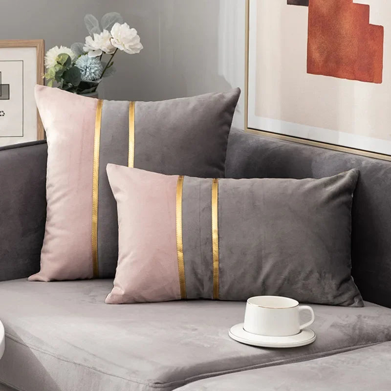 Warm Color-Block Velvet Throw Pillow Cover with Gold-Tone Stripes, Square or Lumbar