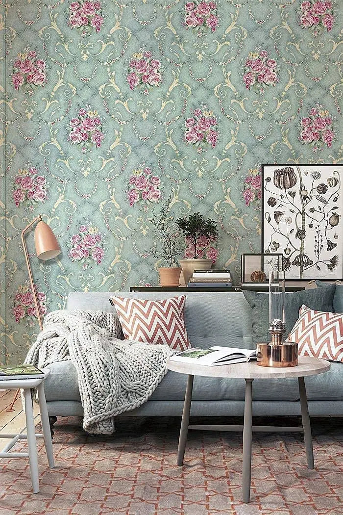 Green Floral Waterproof PVC Peel-and-Stick Wallpaper – Removable Vintage Contact Paper