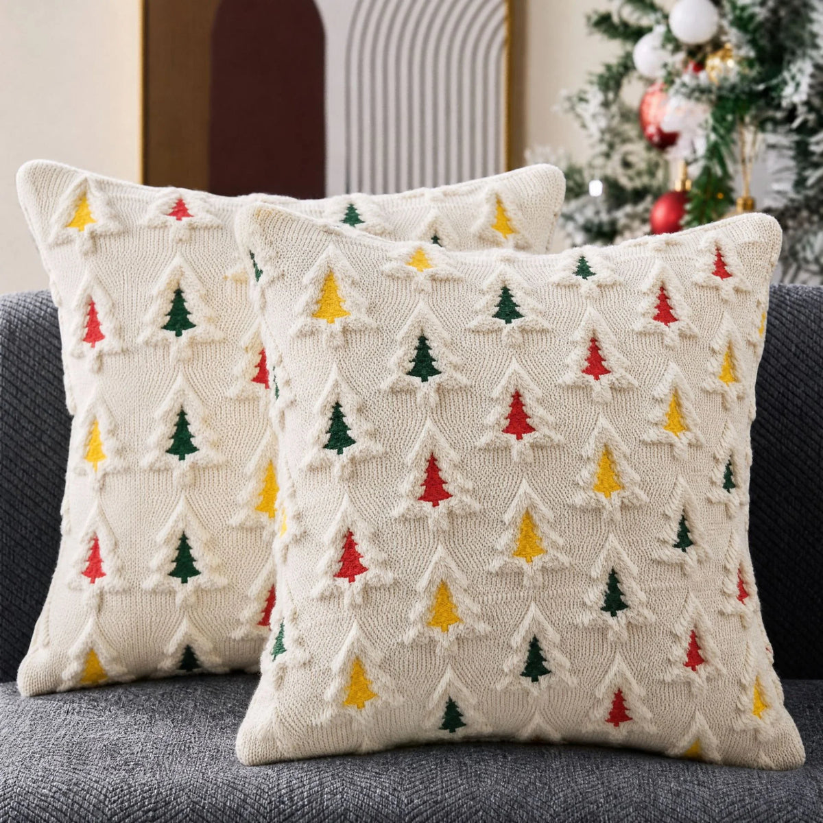 Embroidered Christmas Tree Pillow Covers – Plush Set of 2, 17.72 in