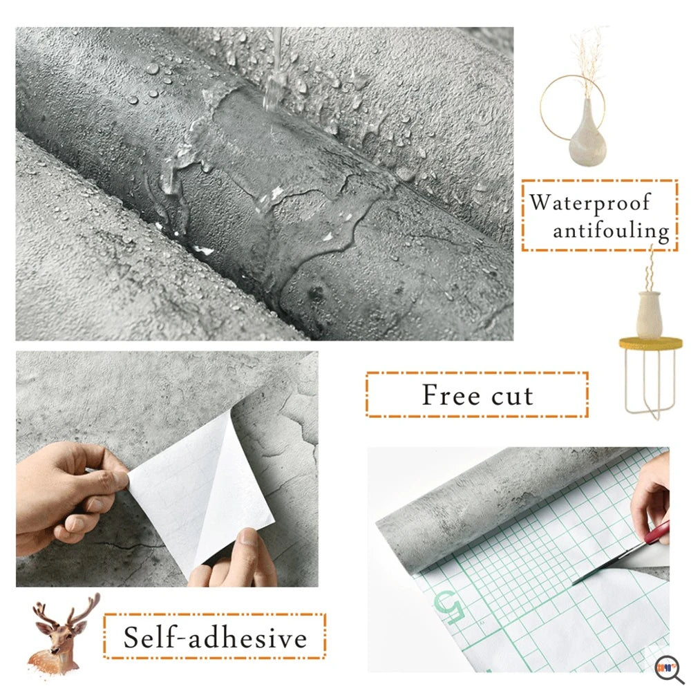 Vinyl Waterproof Self-Adhesive Wallpaper Vintage Cement Gray Wall Contact Paper Store Bedroom Livingroom Renovation Stickers PVC