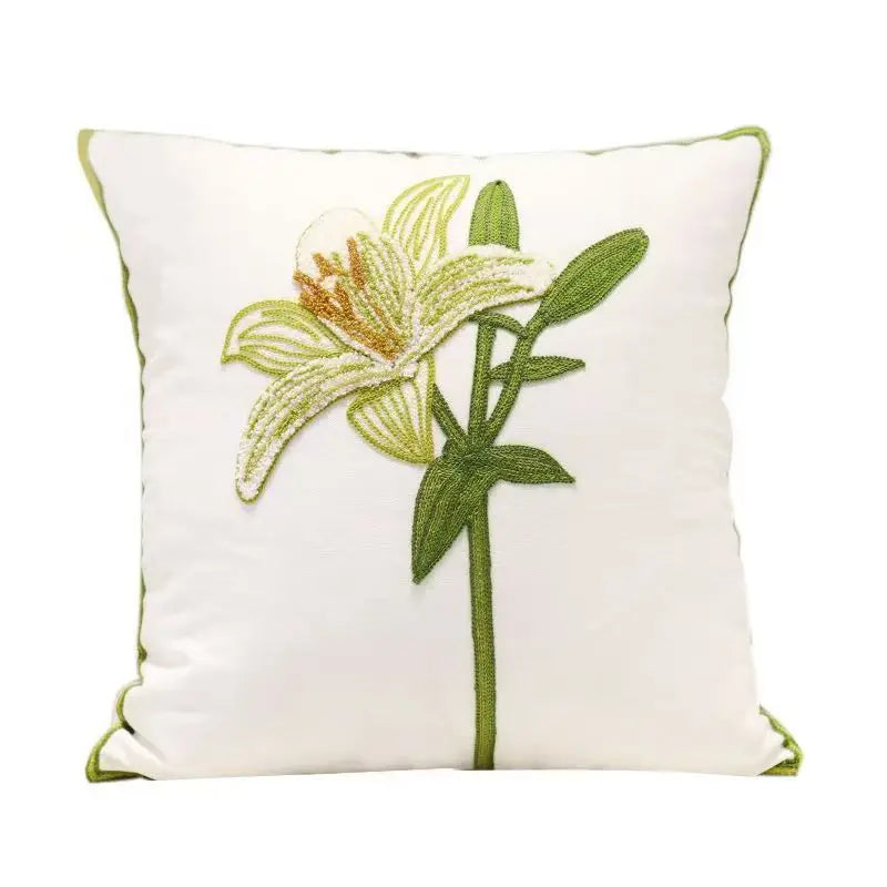 Cream Floral Stem Embroidered Polyester/Cotton Pillow Cover – 17.72 × 17.72 in (45 × 45 cm)