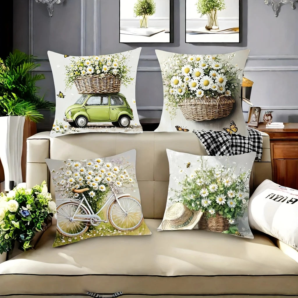 Daisy Scenes Polyester Peachskin Pillow Covers – 15.75–23.62 in Square, Single-Sided Print, Set of 4