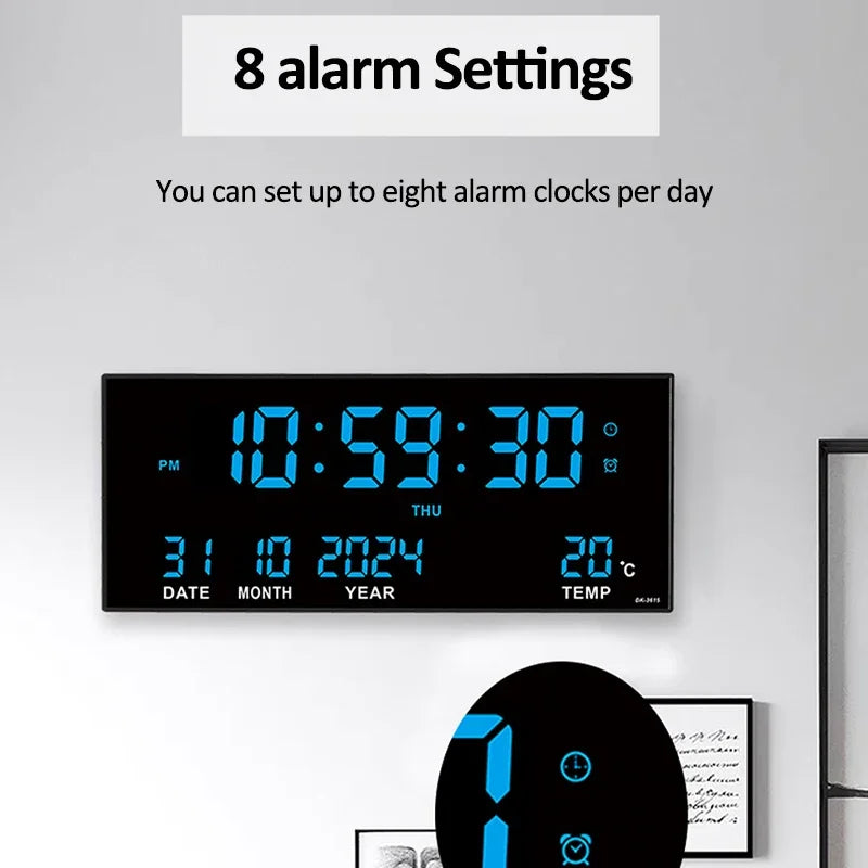 14-Inch Digital LED Wall Clock – Time, Date, Temperature & 8 Daily Alarms, Plug-In Display