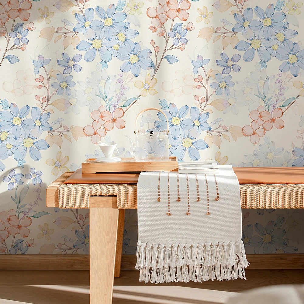 Light Blue Floral Waterproof PVC Peel-and-Stick Wallpaper for Walls & Cabinets