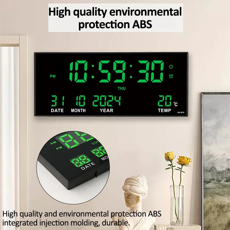 14-Inch Digital LED Wall Clock – Time, Date, Temperature & 8 Daily Alarms, Plug-In Display