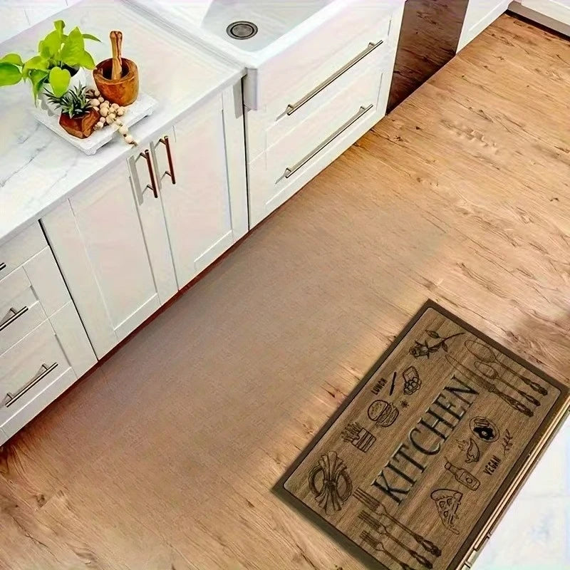 Wood-Grain Kitchenware Pattern Non-Slip Kitchen Rug & Entrance Mat – Soft Washable Polyester