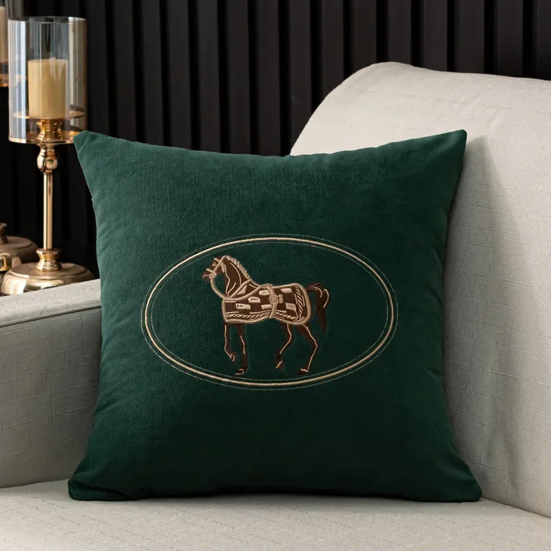 Dark Green Embroidered Horse Polyester/Cotton Pillow Cover – 17.72 × 17.72 in (45 × 45 cm), 1 Piece