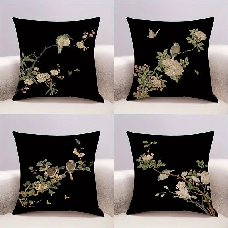 Botanical Bird & Floral Short Plush Pillow Covers – 13.78–23.62 in Square, Set of 4