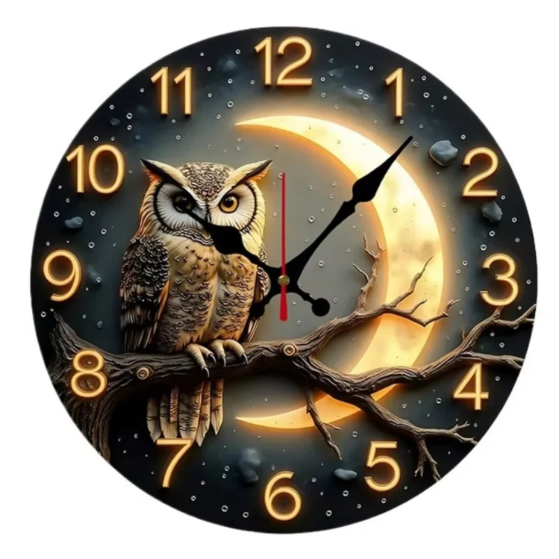 Moonlight Owl Silent Wall Clock – Round Wood or Acrylic Quartz Decor, 2 Designs