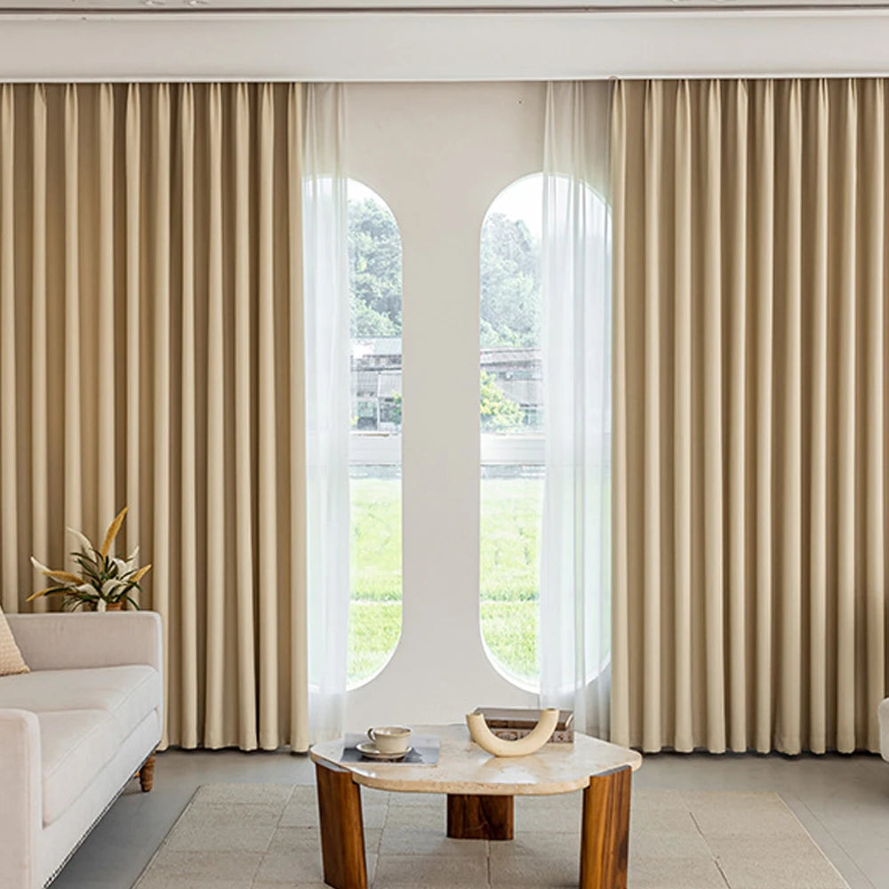 Beige 200 GSM Double-Layer Semi-Light Blocking Curtain Panel – 2 Hanging Styles