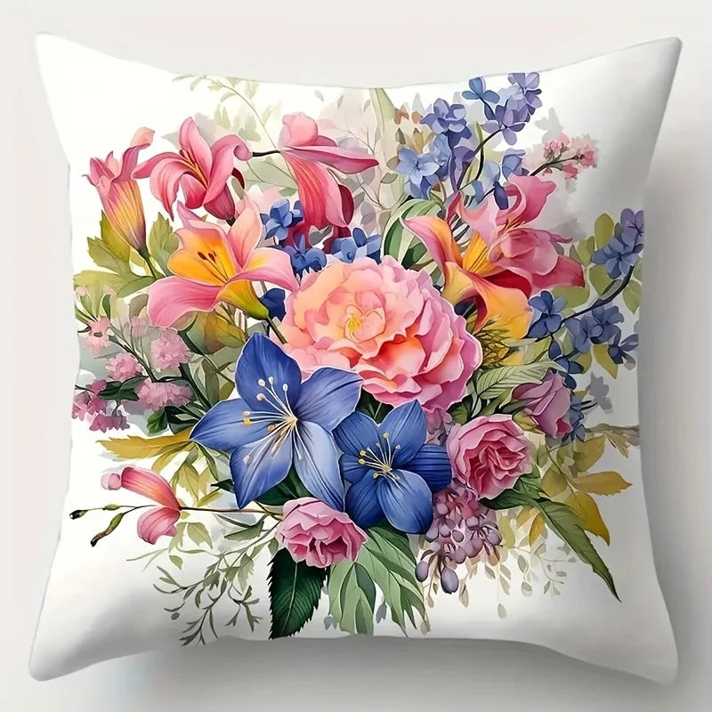 Bright Mixed Bouquet Polyester Pillow Cover – Single-Sided Print, 15.75–23.62 in Square, 1 Piece