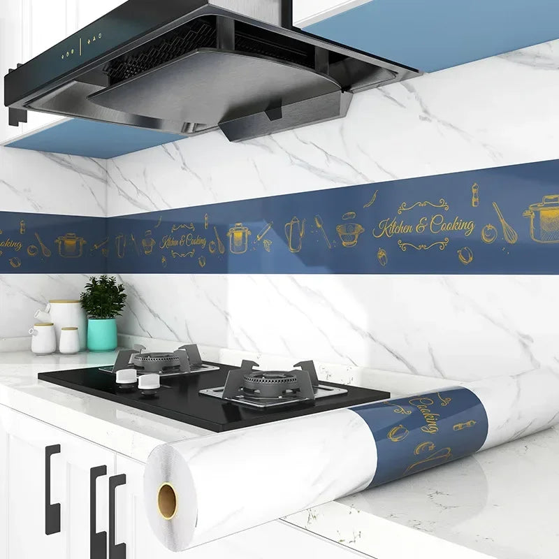 White Marble & Deep Blue Kitchen Stove Oil-Proof Peel and Stick Wallpaper – Waterproof, High Temperature Resistant Self-Adhesive Contact Paper