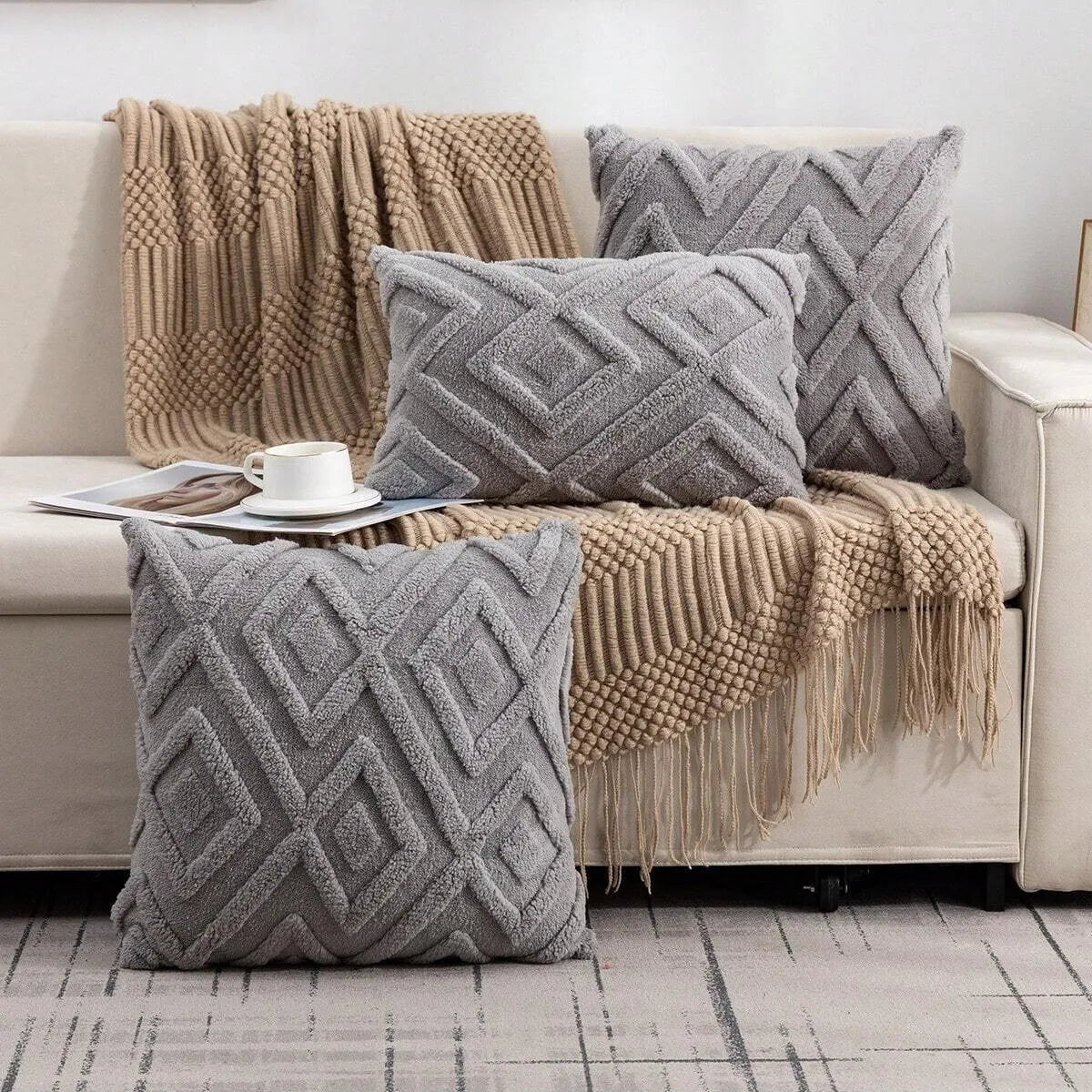 *Beige, Taupe & Gray Diamond Faux Fur Polyester/Cotton Pillow with Insert – 15.75, 17.72 or 19.69 in Square / 11.81 × 19.69 in Lumbar (40–50 cm Square / 30 × 50 cm), 1 Piece