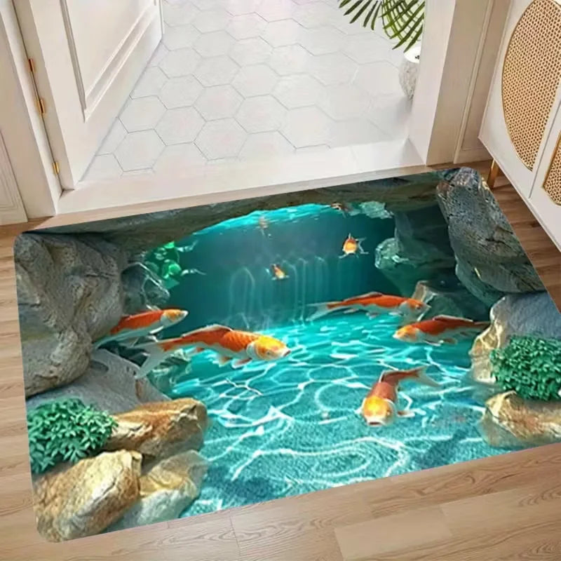 Shark & Aquatic Print Absorbent Non-Slip Flannel Door Mat – Washable Polyester Mat for Bathroom & Entrance