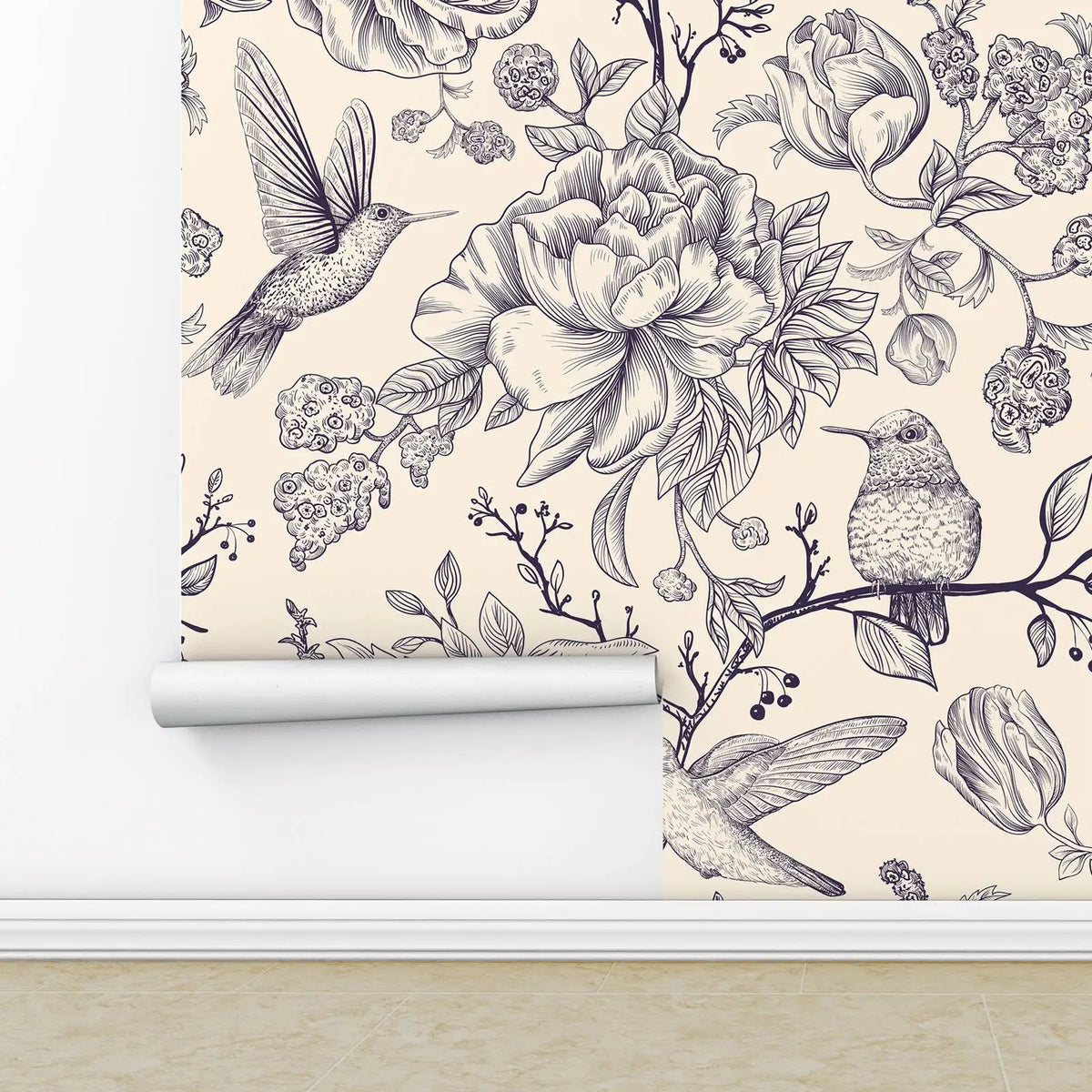 Hummingbird & Floral Traditional or Peel-and-Stick Wallpaper – Vintage Nature Wall Mural, 2-Roll Set