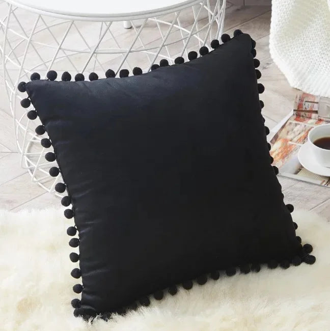 Black or Green Velvet Pom-Pom Throw Pillow Cover, 15.75–19.69 in, Cover Only