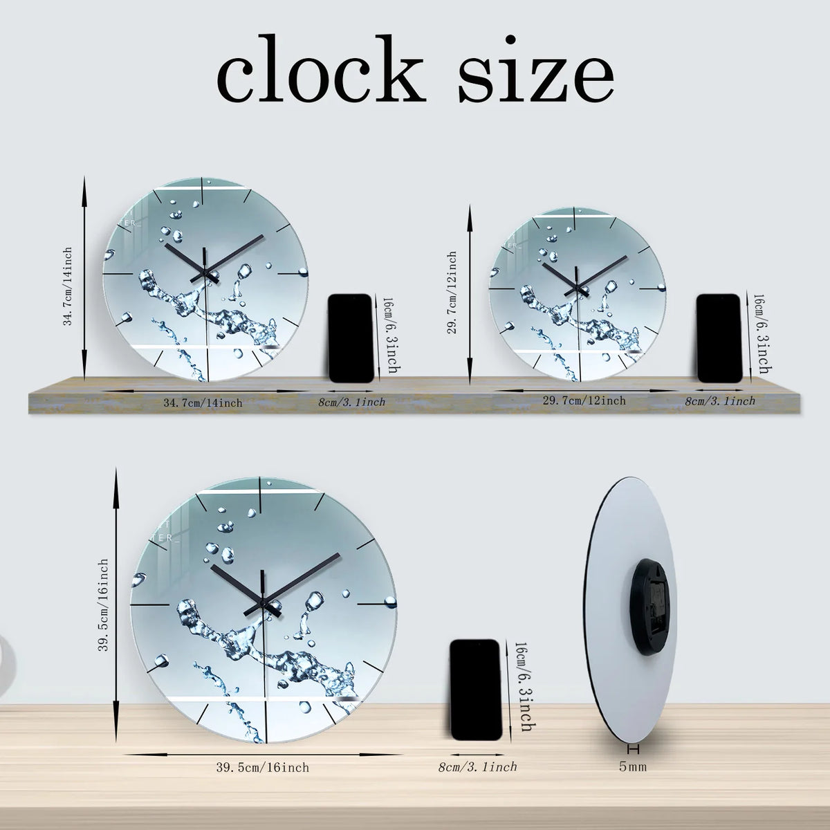 Water Drop Tempered Glass Silent Wall Clock – Modern Quartz Decor, 12–16 Inch