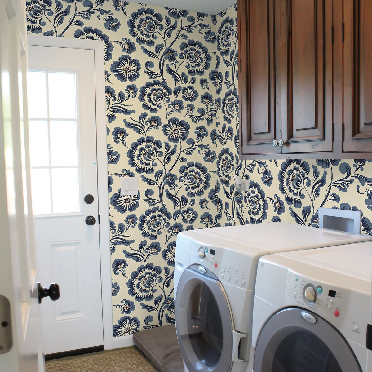 Blue Floral Waterproof & Oil-Resistant PVC Peel-and-Stick Wallpaper – Removable for Walls, Cabinets & Furniture