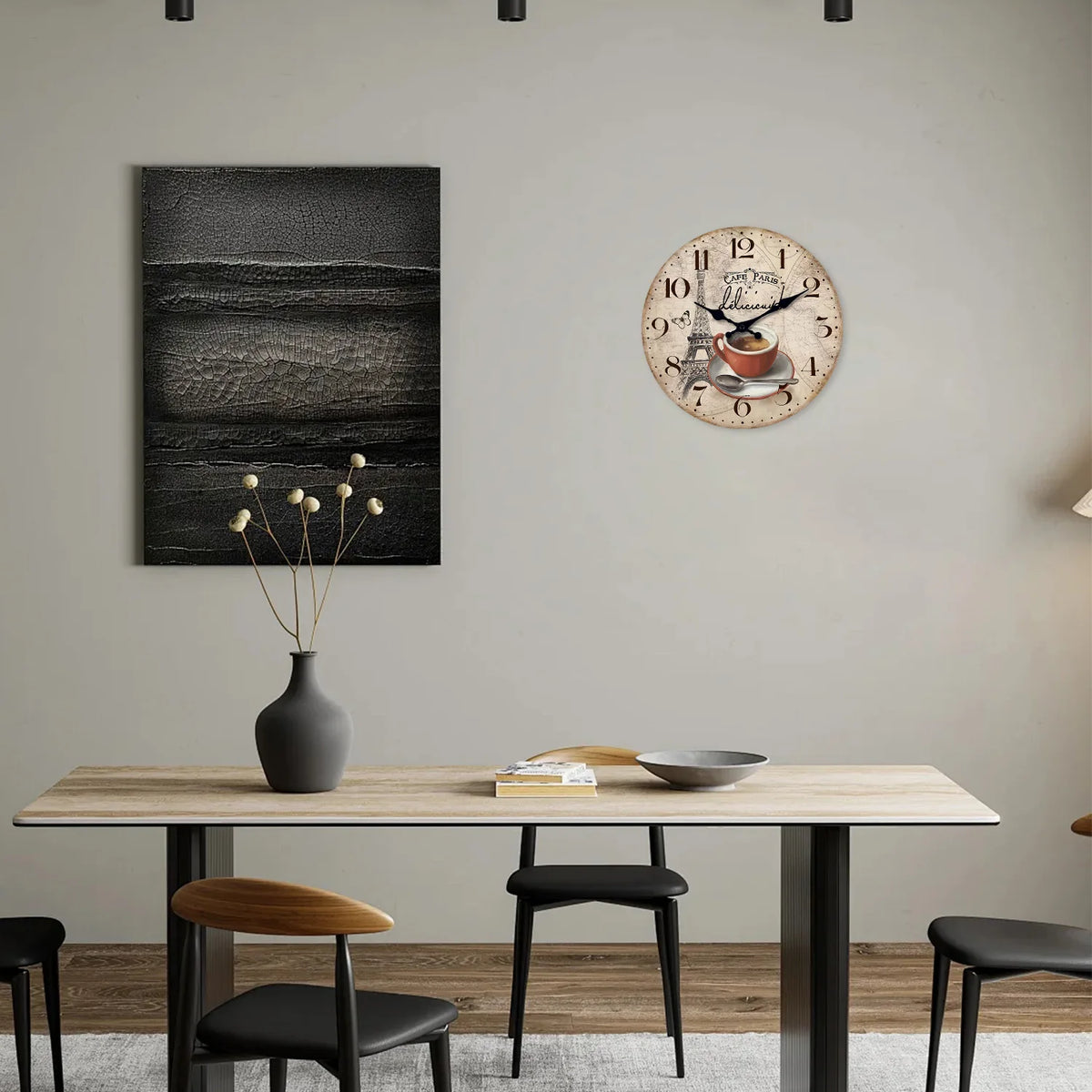 Paris Eiffel Tower Coffee Cup Silent Wall Clock – Wooden Quartz Decor, 10, 12 or 16 Inch