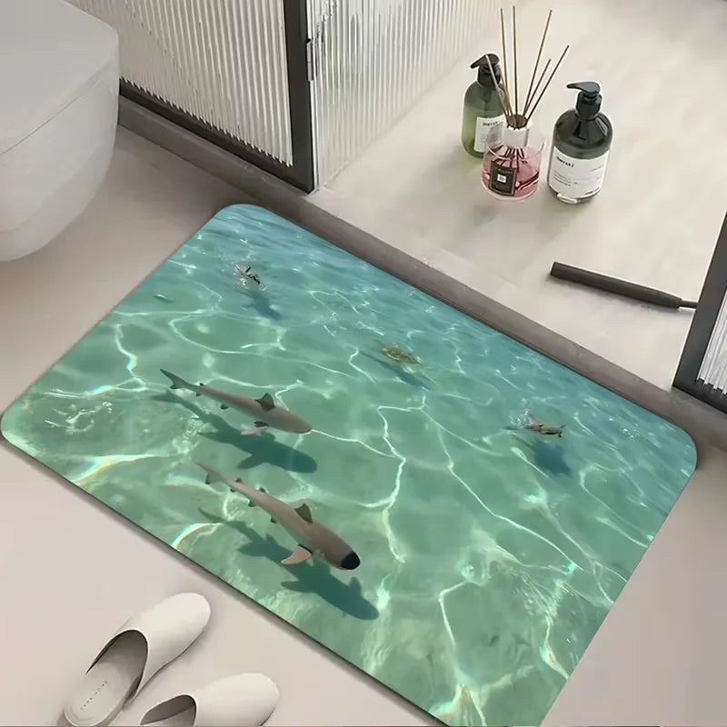 Shark & Aquatic Print Absorbent Non-Slip Flannel Door Mat – Washable Polyester Mat for Bathroom & Entrance