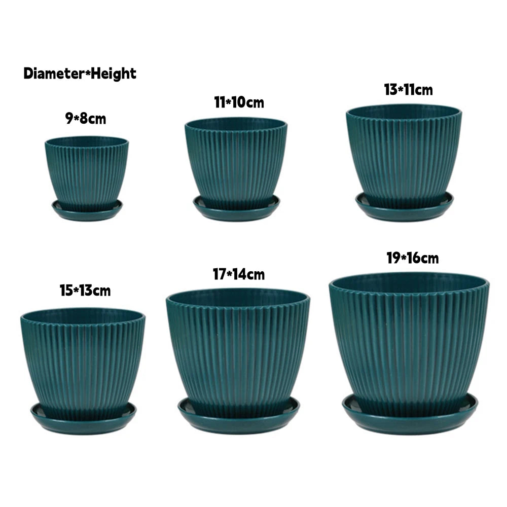 Round Plastic Planter with Tray – Modern Vertical Striped Flower Pot for Indoor & Outdoor Plants