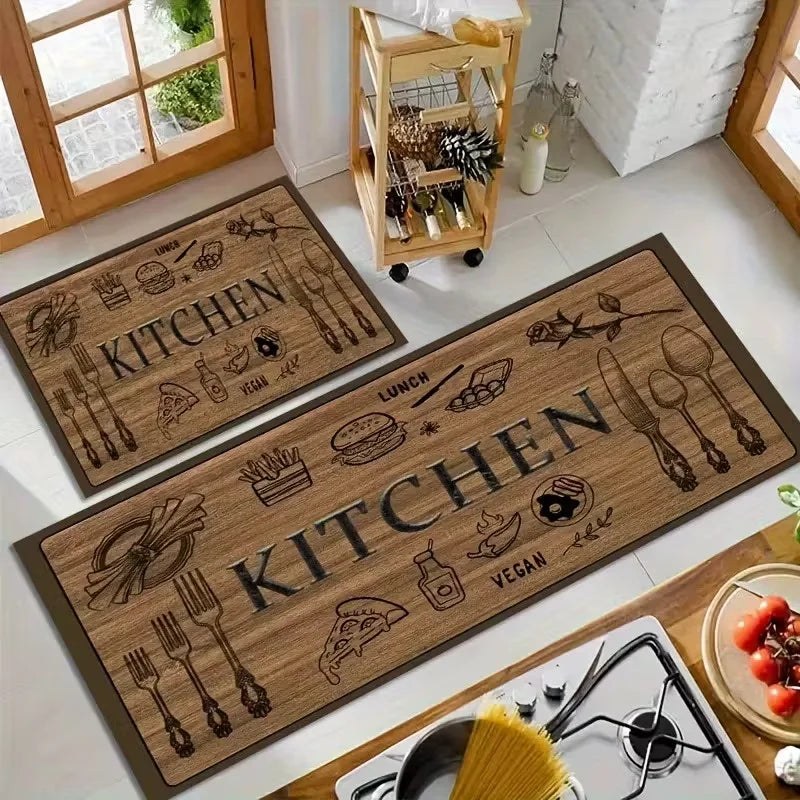 Wood-Grain Kitchenware Pattern Non-Slip Kitchen Rug & Entrance Mat – Soft Washable Polyester