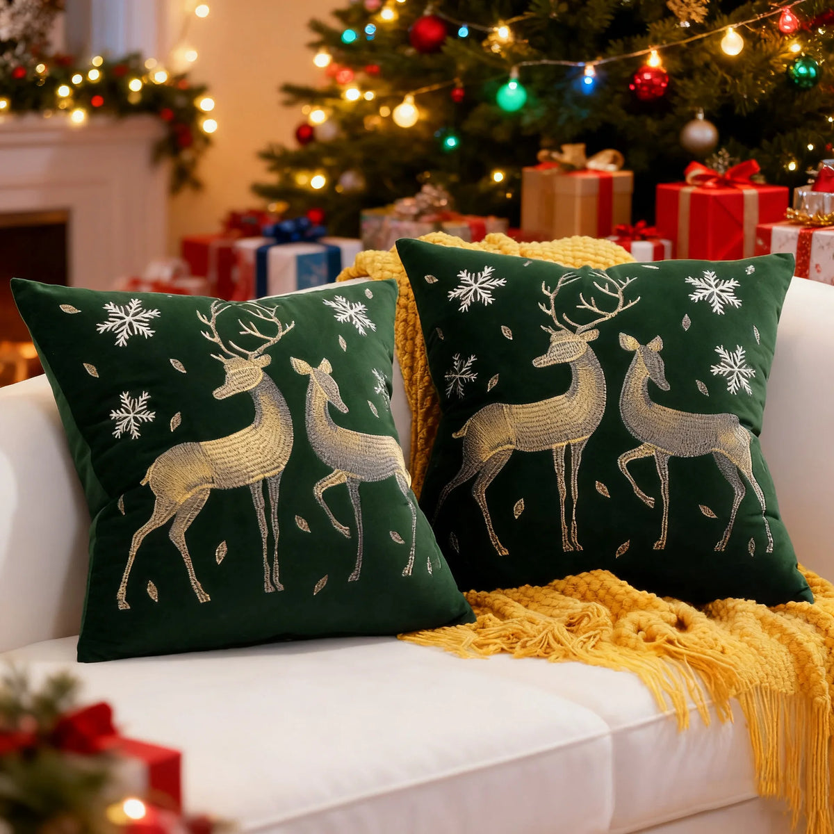 Green & Gold-Tone Elk Embroidered Polyester Pillow Cover – 17.72 × 17.72 in (45 × 45 cm), 1 Piece