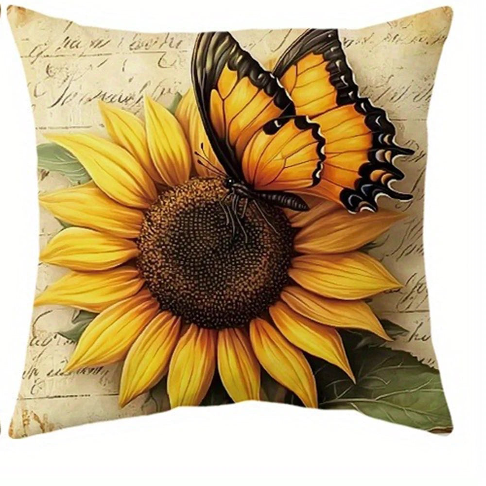 Sunflower & Perched Butterfly Polyester Peachskin Pillow Cover – 15.75–23.62 in Square, 1 Piece