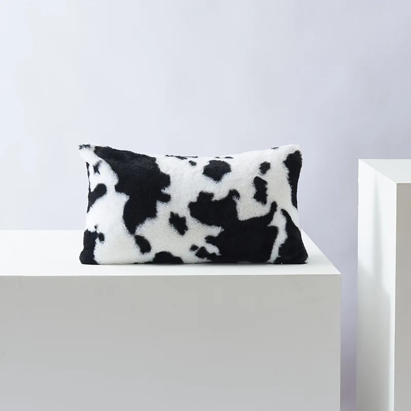 Plush Cow-Print Throw Pillow Cover, Double-Sided Polyester, Square or Lumbar, Cover Only