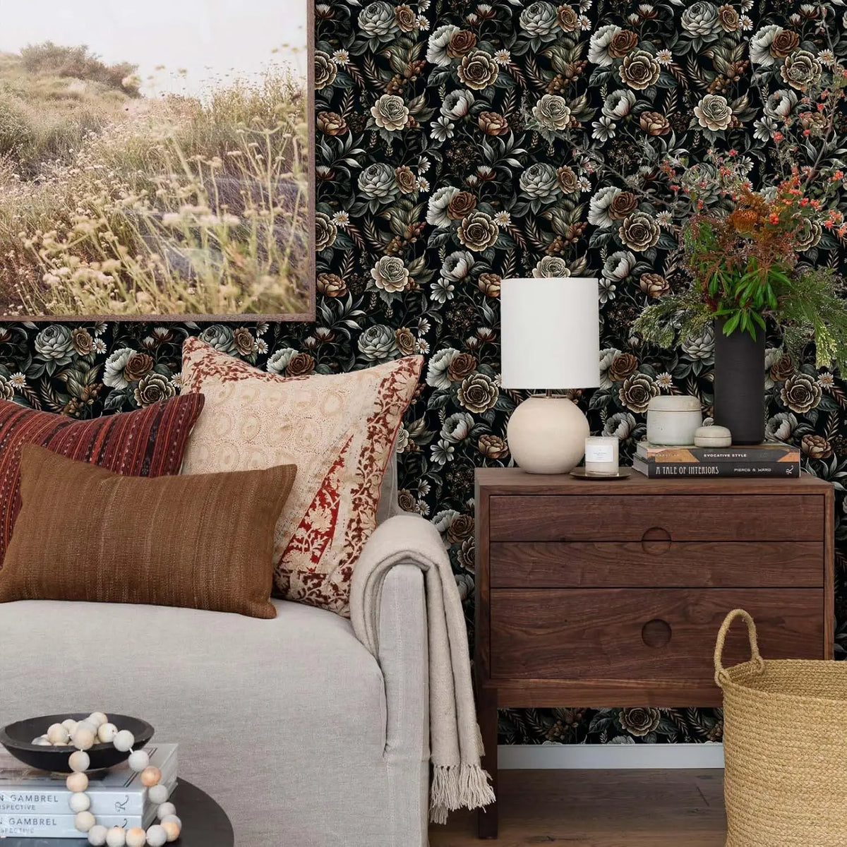 Dark Large Floral Waterproof Vinyl Peel-and-Stick Wallpaper – Removable & Mould-Resistant