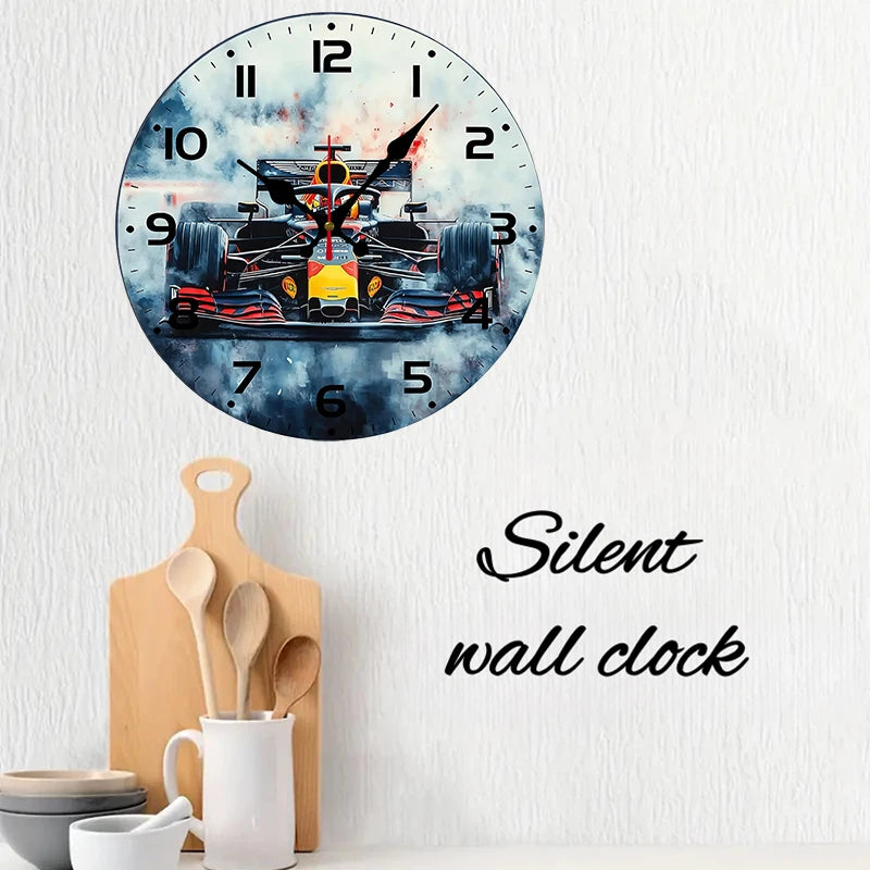Formula Racing Car Silent Wall Clock – 10-Inch Round Wooden Home Decor