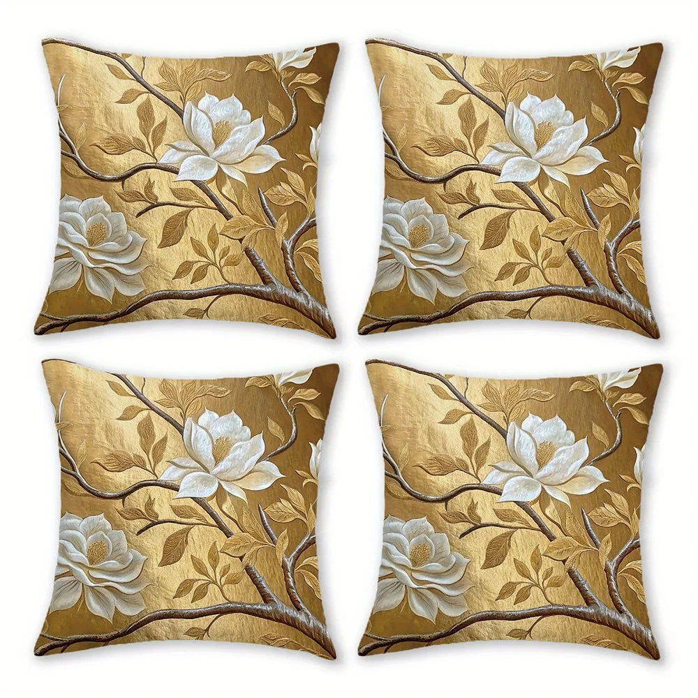 Golden Magnolia Polyester Peachskin Pillow Covers – Single-Sided Print, 15.75–23.62 in Square, Set of 4