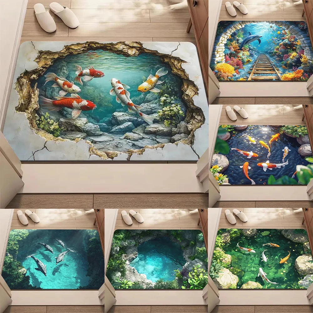 3D Koi Fish Pond Illusion Doormat – Soft Non-Slip Flannel Rug with Water-Effect Print