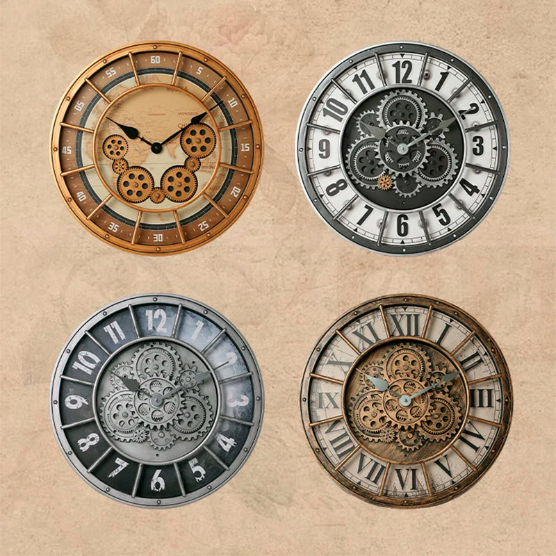 46 cm Moving Gears Wall Clock – Industrial Steampunk Roman Numeral Quartz Decor, 4 Designs