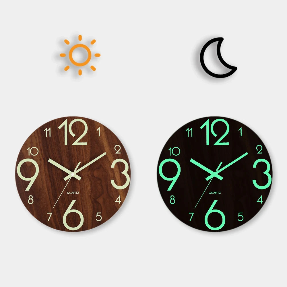 12'' Luminous Wall Clock, Silent Non-Ticking Wooden Clock with Glow-in-the-Dark Numbers, Nordic Style Night Light Wall Clock