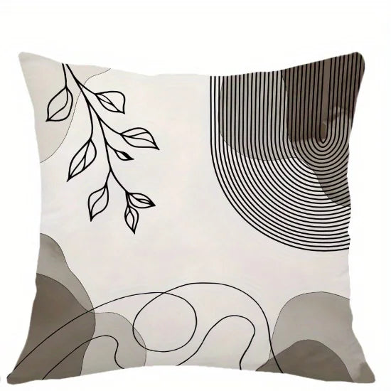 Black Leaf & Circle Polyester Twill Pillow Cover – Designs 3–4, 4 Sizes