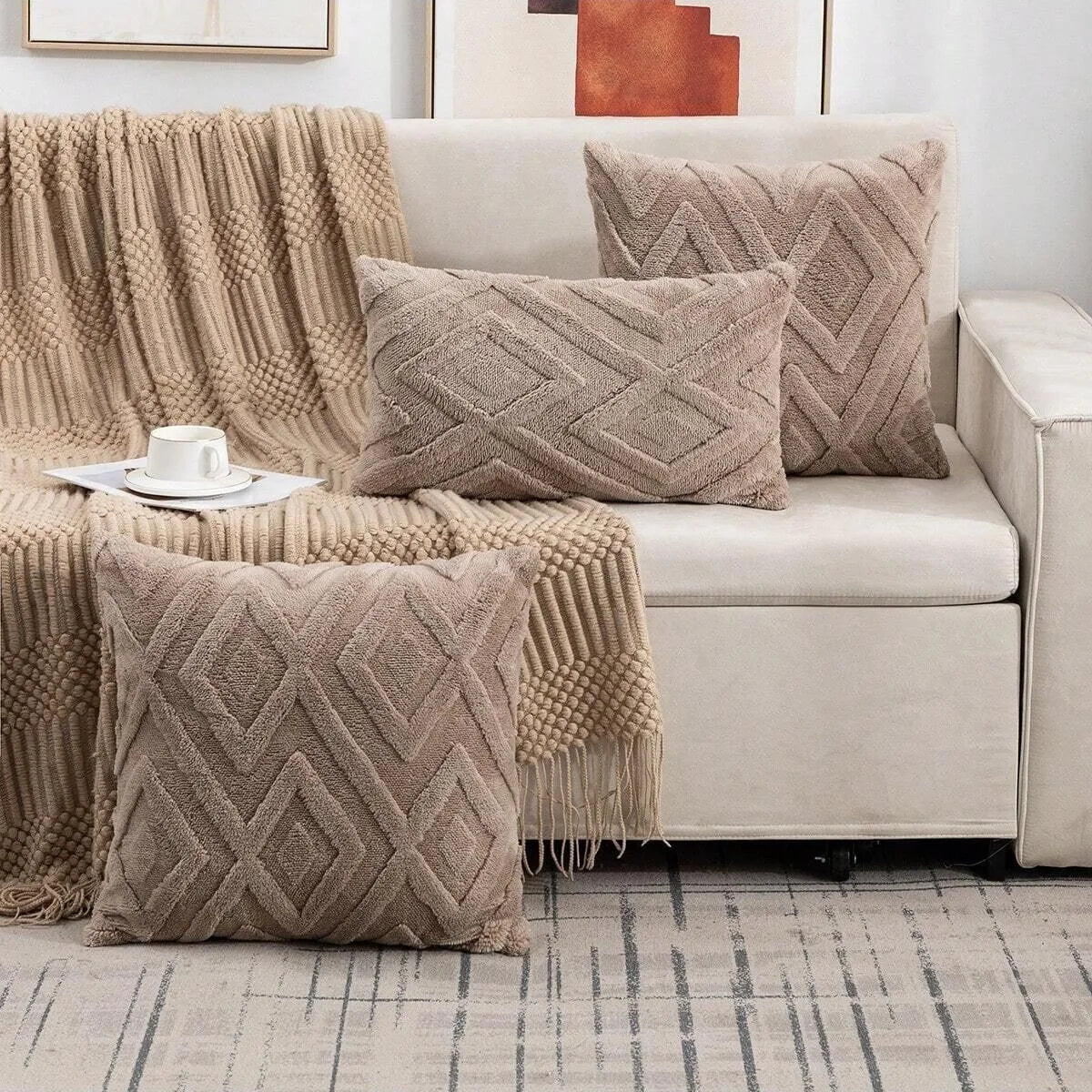 *Beige, Taupe & Gray Diamond Faux Fur Polyester/Cotton Pillow with Insert – 15.75, 17.72 or 19.69 in Square / 11.81 × 19.69 in Lumbar (40–50 cm Square / 30 × 50 cm), 1 Piece