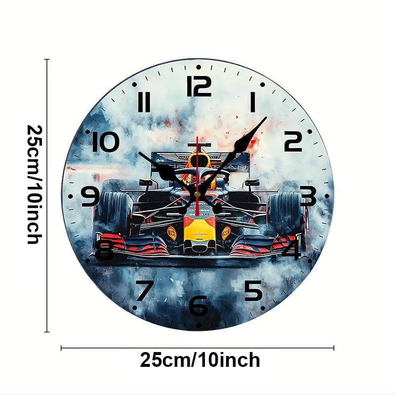 Formula Racing Car Silent Wall Clock – 10-Inch Round Wooden Home Decor